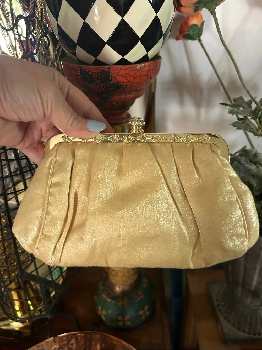 Elegant Cream Satin Evening Clutch with Gold Hardware